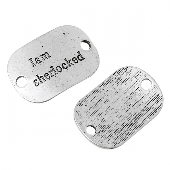 Image de Connecteurs de Bijoux en Alliage de Zinc Forme Rectangle Argent Vieilli Gravé Caractère " I am sherlocked" 30mm x 20mm, 10 Pcs