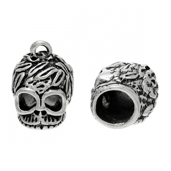 Image de Breloques 3D en Alliage de Zinc Tête de Mort Crâne Halloween Argent Vieilli 19mm x 15mm, 5 Pcs