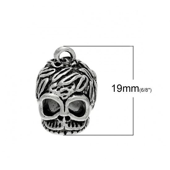 Image de Breloques 3D en Alliage de Zinc Tête de Mort Crâne Halloween Argent Vieilli 19mm x 15mm, 5 Pcs