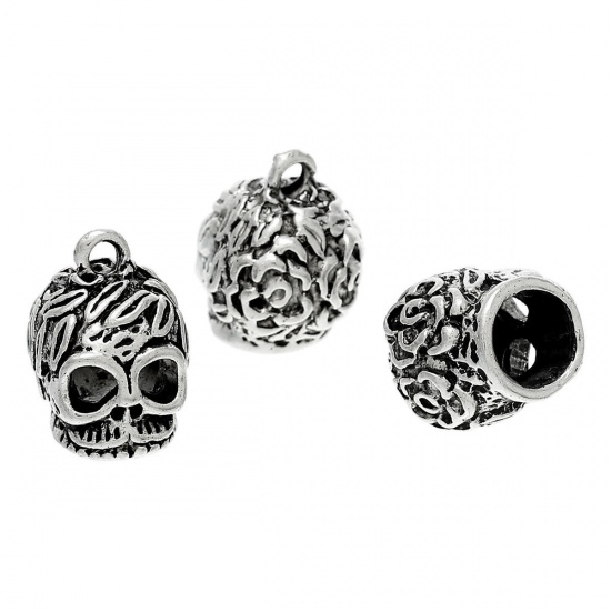 Image de Breloques 3D en Alliage de Zinc Tête de Mort Crâne Halloween Argent Vieilli 19mm x 15mm, 5 Pcs