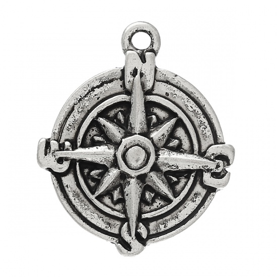 Picture of Zinc Based Alloy Charms Round Antique Silver Color Travel Compass Carved 21mm( 7/8") x 17mm( 5/8"), 20 PCs