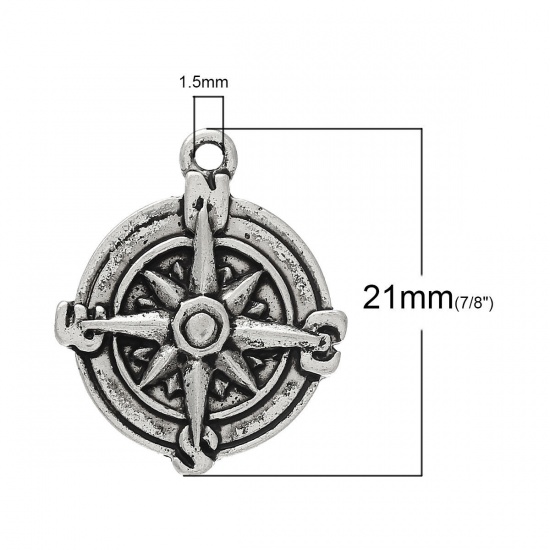 Picture of Zinc Based Alloy Charms Round Antique Silver Color Travel Compass Carved 21mm( 7/8") x 17mm( 5/8"), 20 PCs