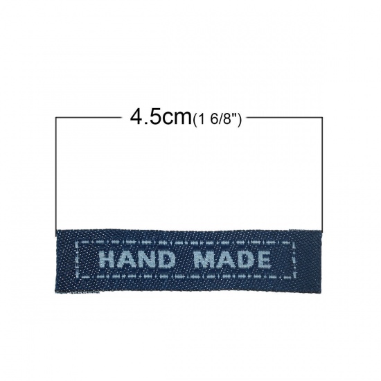 Picture of Cotton Woven Printed Labels DIY Scrapbooking Craft Rectangle Navy blue Message Pattern " Hand Made " 45mm(1 6/8") x 10mm( 3/8"), 200 PCs