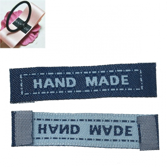 Picture of Cotton Woven Printed Labels DIY Scrapbooking Craft Rectangle Navy blue Message Pattern " Hand Made " 45mm(1 6/8") x 10mm( 3/8"), 200 PCs