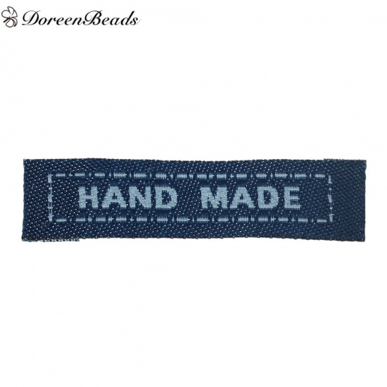 Picture of Cotton Woven Printed Labels DIY Scrapbooking Craft Rectangle Navy blue Message Pattern " Hand Made " 45mm(1 6/8") x 10mm( 3/8"), 200 PCs