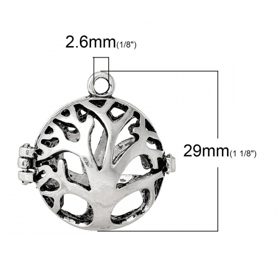 Picture of Copper Mexican Angel Caller Bola Harmony Ball Wish Box Pendants Antique Silver Color Tree Hollow Carved Can Open (Fits 12mm Beads) 29mm(1 1/8") x 29mm(1 1/8"), 3 PCs