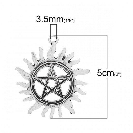 Picture of Zinc Metal Alloy Pendants Sun Antique Silver Color Pentagram Star Carved Hollow 50mm(2") x 44mm(1 6/8"), 10 PCs