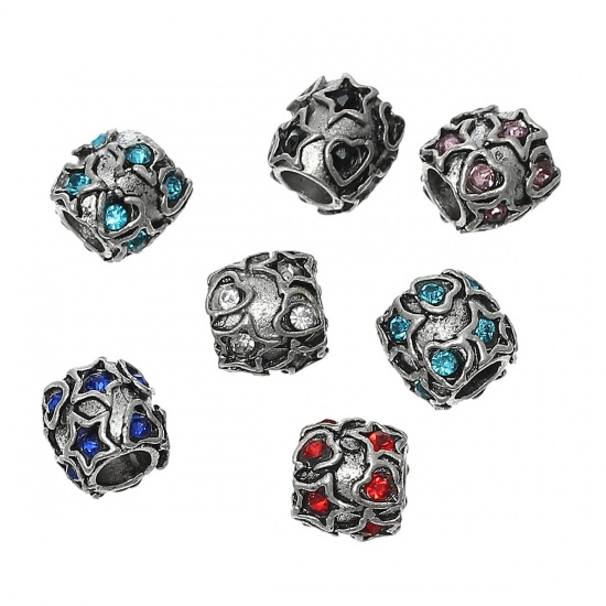 Picture of Zinc Metal Alloy European Style Large Hole Charm Beads Barrel Antique Silver Color Heart Star Carved At Random Mixed Rhinestone About 11mm x 10mm, Hole: Approx 5mm, 10 PCs
