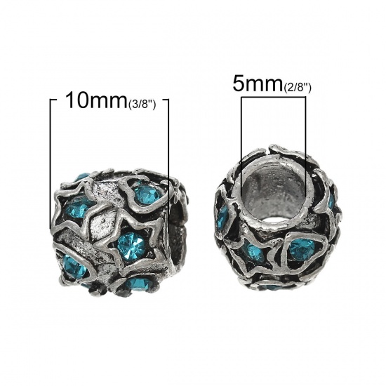 Picture of Zinc Metal Alloy European Style Large Hole Charm Beads Barrel Antique Silver Color Heart Star Carved At Random Mixed Rhinestone About 11mm x 10mm, Hole: Approx 5mm, 10 PCs