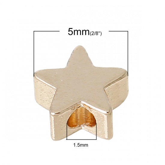 Picture of Brass Spacer Beads For DIY Charm Jewelry Making 14K Gold Color Pentagram Star 5mm x 5mm, Hole: Approx 1.5mm, 20 PCs                                                                                                                                           