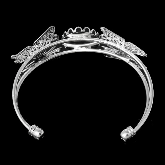 Picture of 1 Piece Zinc Based Alloy & Brass Cabochon Settings Open Cuff Bangles Bracelets Findings Butterfly Animal Silver Plated (Fits 26mm x 19mm) 16.5cm(6 4/8") long