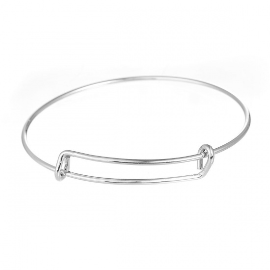 Picture of Brass Expandable Bangle Bracelet, Double Bar, Round Silver Plated Adjustable From 27cm(10 5/8") - 21cm(8 2/8") long, 5 PCs                                                                                                                                    