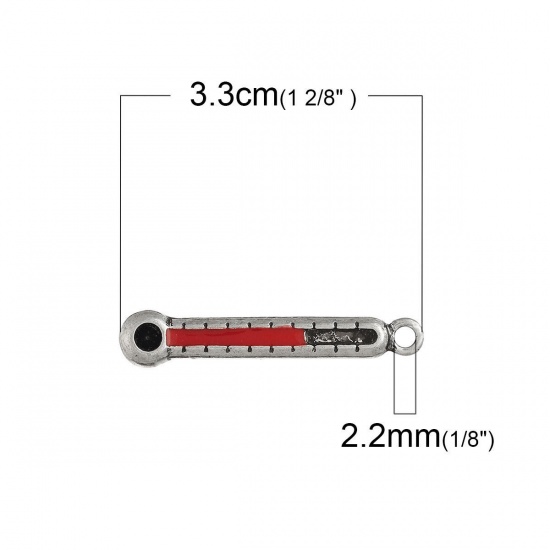 亜鉛合金 ペンダント 温度計 銀古美 赤 ( ss12ポイントバック・ラインストーンに適応) エナメル 33mm x 6mm、 1 個 の画像