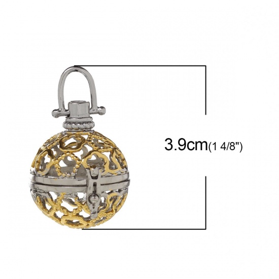 Picture of Copper Mexican Angel Caller Bola Harmony Ball Wish Box Pendants Round Gold Plated Wing Craved Hollow Can Open (Fit Bead Size: 16mm) 34mm(1 3/8") x 29mm(1 1/8"), 1 Piece