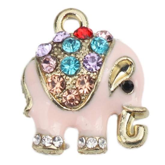 Picture of Zinc Metal Alloy Charm Pendants Elephant Animal Gold Plated Multicolor Rhinestone Light Pink Enamel 18mm( 6/8") x 15mm( 5/8"), 5 PCs