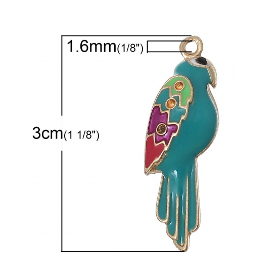 Picture of Zinc Metal Alloy Pendants Parrot Animal Gold Plated (Can Hold ss4 Rhinestone) Black Rhinestone Multicolor Enamel 30mm(1 1/8") x 10mm( 3/8"), 10 PCs