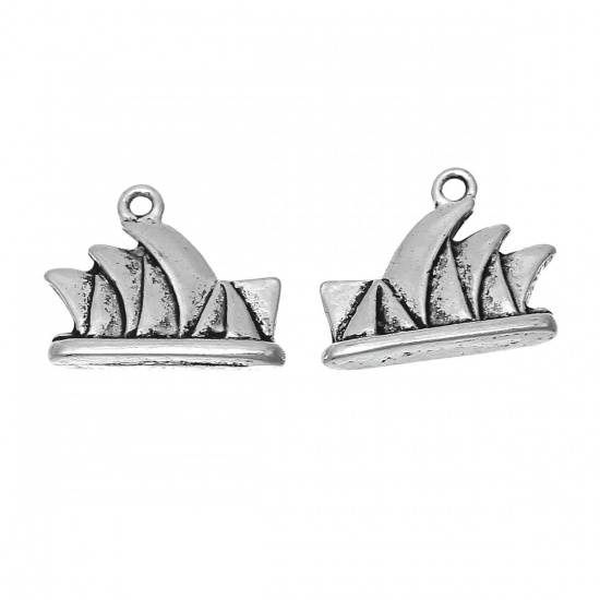 Picture of Zinc Metal Alloy Charm Pendants Sydney Opera House Antique Silver Color 19mm( 6/8") x 15mm( 5/8"), 20 PCs