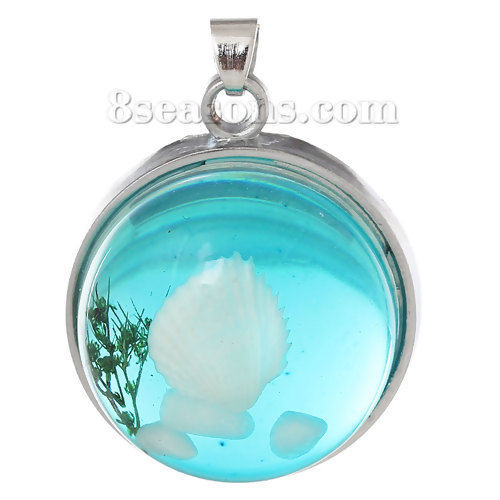 Image de 2 Pcs Pendentif Breloque en Résine Rond Transparent Bleu-Vert Coquilles 29mm x 22mm