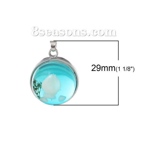 Image de 2 Pcs Pendentif Breloque en Résine Rond Transparent Bleu-Vert Coquilles 29mm x 22mm