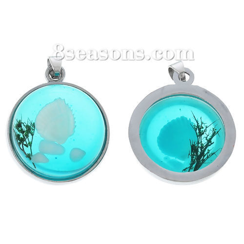 Picture of 2 PCs Resin Charm Pendant Round Shell Green Blue Transparent 29mm x 22mm
