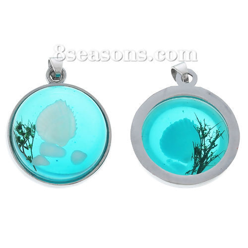 Image de 2 Pcs Pendentif Breloque en Résine Rond Transparent Bleu-Vert Coquilles 29mm x 22mm