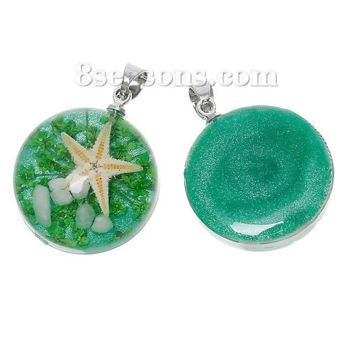 Picture of 2 PCs Handmade Resin Jewelry Real Flower Charm Pendant Round Star Fish Green Glitter 27mm x 20mm