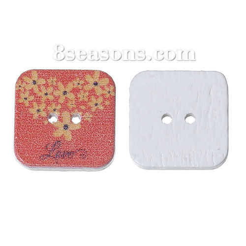 Picture of Wood Sewing Buttons Scrapbooking Square Light Salmon 2 Holes Flower Message " Love " Pattern 20mm( 6/8") x 20mm( 6/8"), 50 PCs