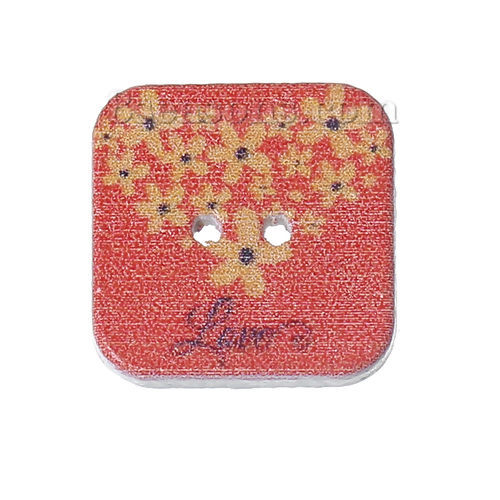 Picture of Wood Sewing Buttons Scrapbooking Square Light Salmon 2 Holes Flower Message " Love " Pattern 20mm( 6/8") x 20mm( 6/8"), 50 PCs
