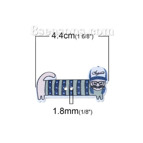 Picture of Natural Wood Sewing Buttons Scrapbooking Hip Hop Dachshund Dog Animal Blue 2 Holes Stripe Pattern 44mm(1 6/8") x 22mm( 7/8"), 50 PCs