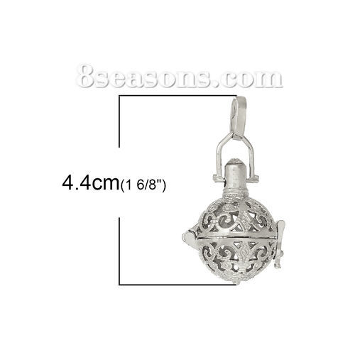 Picture of Copper Mexican Angel Caller Bola Harmony Ball Wish Box Pendants Round Silver Tone Butterfly Carved Hollow Can Open (Fits 16mm Beads) 44mm(1 6/8") x 24mm(1"), 2 PCs