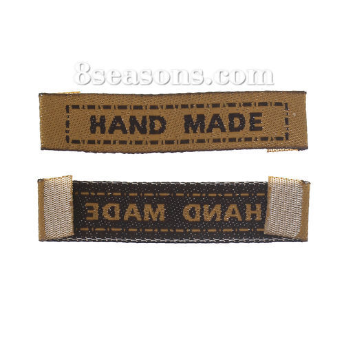 Bild von Terylen Gewebtes Etikett DIY Scrapbooking Handwerk Rechteck Braun Message Muster " Hand Made " 45mm x 10mm, 100 Stücke