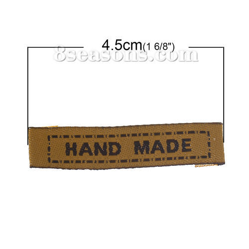 Immagine di Poliestere Etichette Stampate DIY Scrapbooking Craft Rettangolo Marrone Lettere Lettere" Hand Made " 45mm x 10mm, 100 Pz