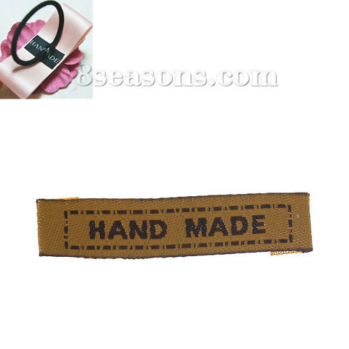 Immagine di Poliestere Etichette Stampate DIY Scrapbooking Craft Rettangolo Marrone Lettere Lettere" Hand Made " 45mm x 10mm, 100 Pz