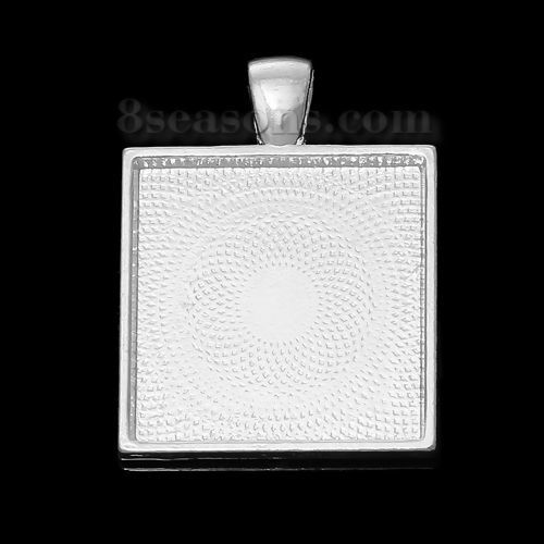 Immagine di Lega di Zinco Charm Ciondoli Quadrato Argento Placcato Basi per Cabochon (Adatto 25mm x 25mm) 37mm x 28mm, 10 Pz
