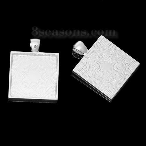 Immagine di Lega di Zinco Charm Ciondoli Quadrato Argento Placcato Basi per Cabochon (Adatto 25mm x 25mm) 37mm x 28mm, 10 Pz