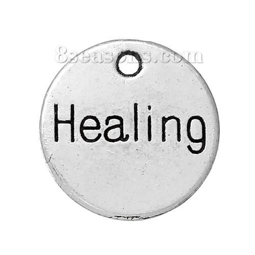 Picture of 4 PCs Zinc Based Alloy Positive Quotes Energy Charms Antique Silver Color Round Disc Message " Healing " 14mm Dia.