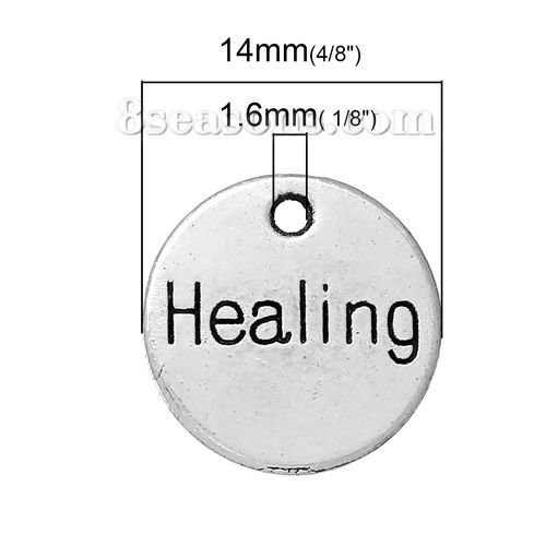Picture of 4 PCs Zinc Based Alloy Positive Quotes Energy Charms Antique Silver Color Round Disc Message " Healing " 14mm Dia.