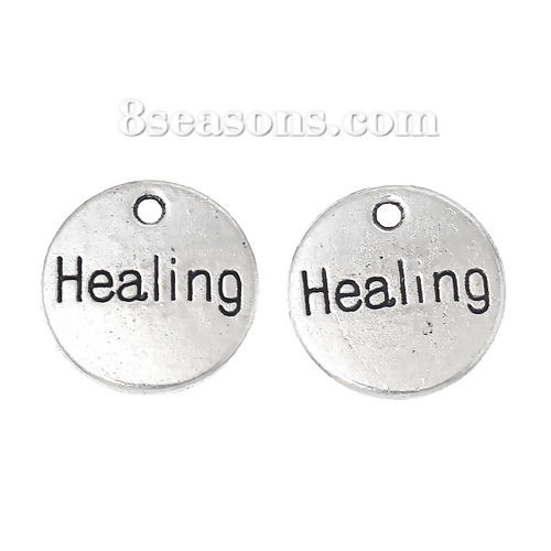 Picture of 4 PCs Zinc Based Alloy Positive Quotes Energy Charms Antique Silver Color Round Disc Message " Healing " 14mm Dia.