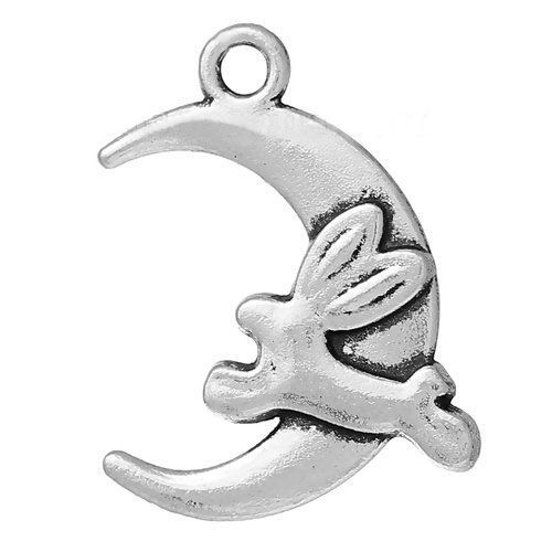 Picture of 4 PCs Zinc Based Alloy Easter Day Charms Antique Silver Color Half Moon Rabbit 22mm x 17mm