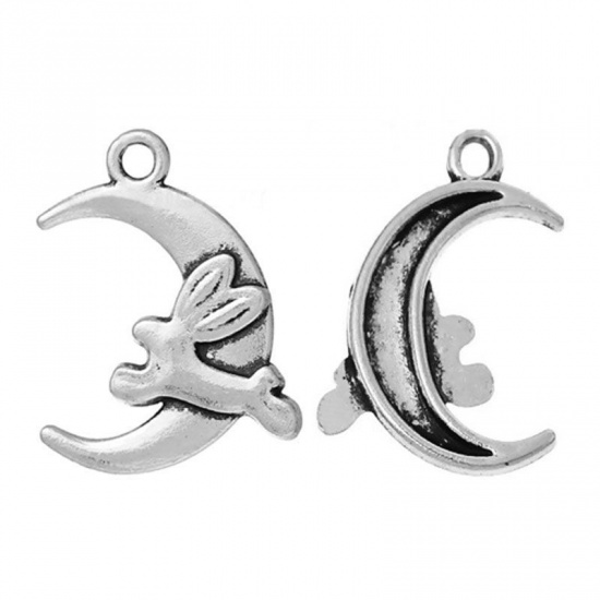 Picture of 4 PCs Zinc Based Alloy Easter Day Charms Antique Silver Color Half Moon Rabbit 22mm x 17mm