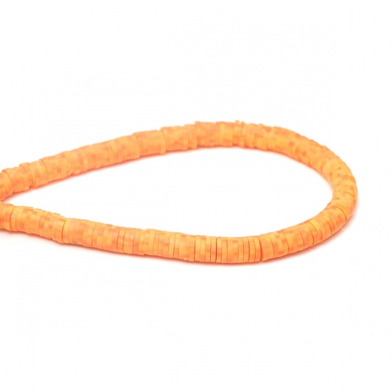 Image de Perles Heishi Katsuki en Pâte Polymère Rond Orange 4mm Dia, Taille de Trou: 1.1mm, 40.5cm - 40cm long, 3 Enfilades (Env. 330 - 350 PCs/Enfilade)