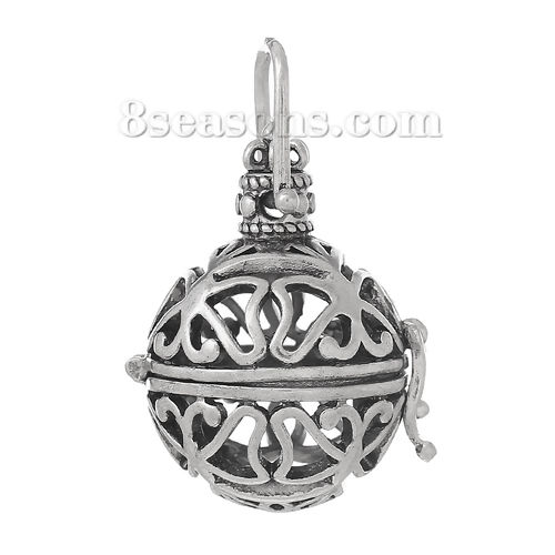 Picture of Copper Mexican Angel Caller Bola Harmony Ball Wish Box Pendants Round Antique Silver Color Butterfly Carved Hollow Can Open (Fits 18mm Beads) 41mm(1 5/8") x 26mm(1"), 2 PCs