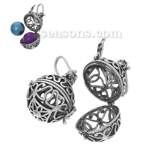 Picture of Copper Mexican Angel Caller Bola Harmony Ball Wish Box Pendants Round Antique Silver Color Butterfly Carved Hollow Can Open (Fits 18mm Beads) 41mm(1 5/8") x 26mm(1"), 2 PCs