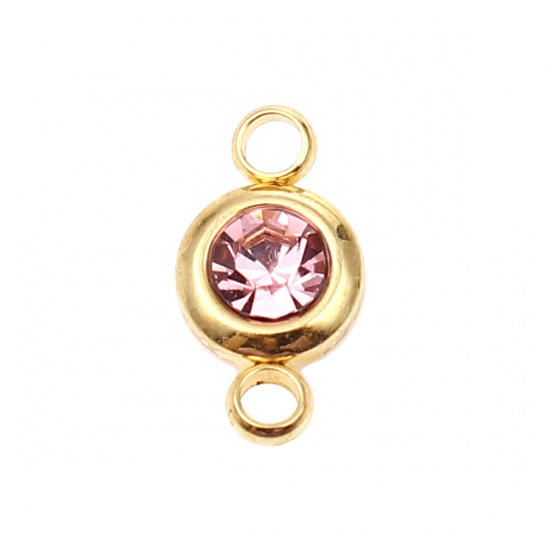 Picture of 304 Stainless Steel & Glass Birthstone Connectors Gold Plated Pink Round June 12mm x 7mm, 2 PCs