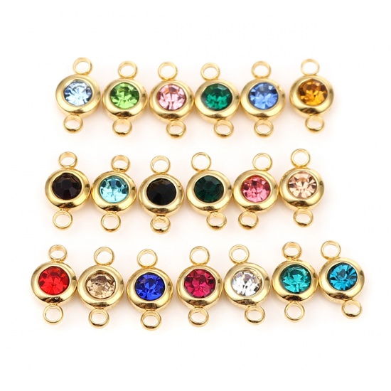 Picture of 304 Stainless Steel & Glass Birthstone Connectors Gold Plated Pink Round June 12mm x 7mm, 2 PCs