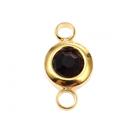 Picture of 304 Stainless Steel & Glass Birthstone Connectors Gold Plated Wine Red Round January 12mm x 7mm, 2 PCs