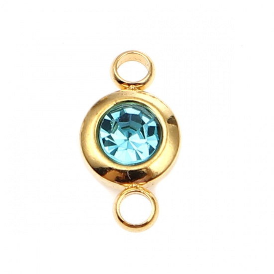 Picture of 304 Stainless Steel & Glass Birthstone Connectors Gold Plated Blue Round March 12mm x 7mm, 2 PCs