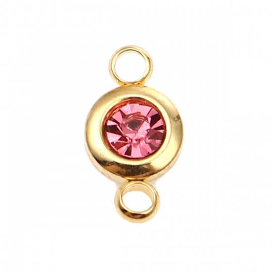 Picture of 304 Stainless Steel & Glass Connectors Gold Plated Hot Pink Round 12mm x 7mm, 2 PCs