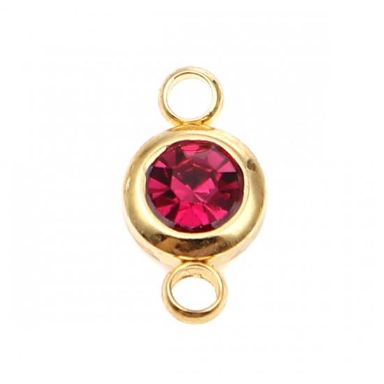 Picture of 304 Stainless Steel & Glass Birthstone Connectors Gold Plated Fuchsia Round October 12mm x 7mm, 2 PCs