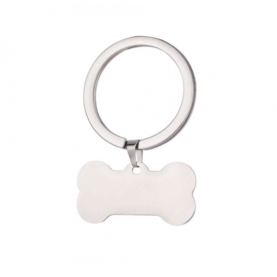 Immagine di Stainless Steel Pet Memorial Blank Stamping Tags Keychain & Keyring Silver Tone Bone One-sided Polishing 46mm x 31mm, 1 Piece